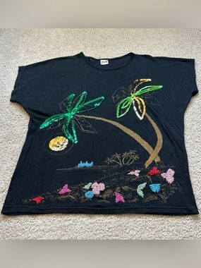 🌴 Rare 70s Made in Italy tropical sequin embellished top 🌺✨